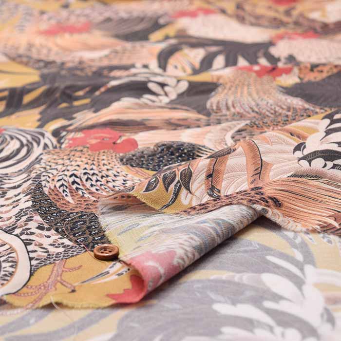 Rayon Chirimen Printed Fabric "Chicken Group" by Jakuchu Ito - nomura tailor